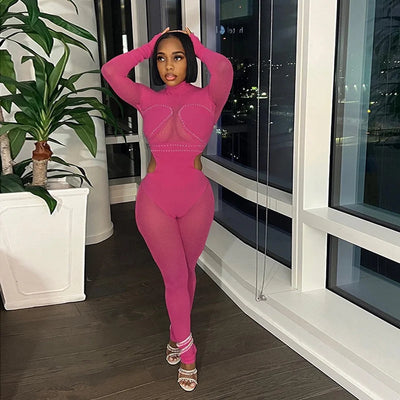 New Mesh Stitching Hot Diamond See Through Sexy Tight Hip Lift Jumpsuit