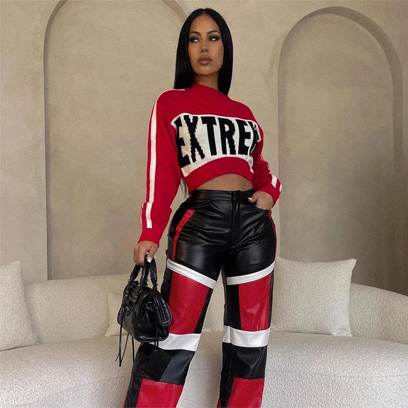 New Fashion Versatile Trend Knitted Letter Long Sleeve Pullover Slim Crop Top Sweater