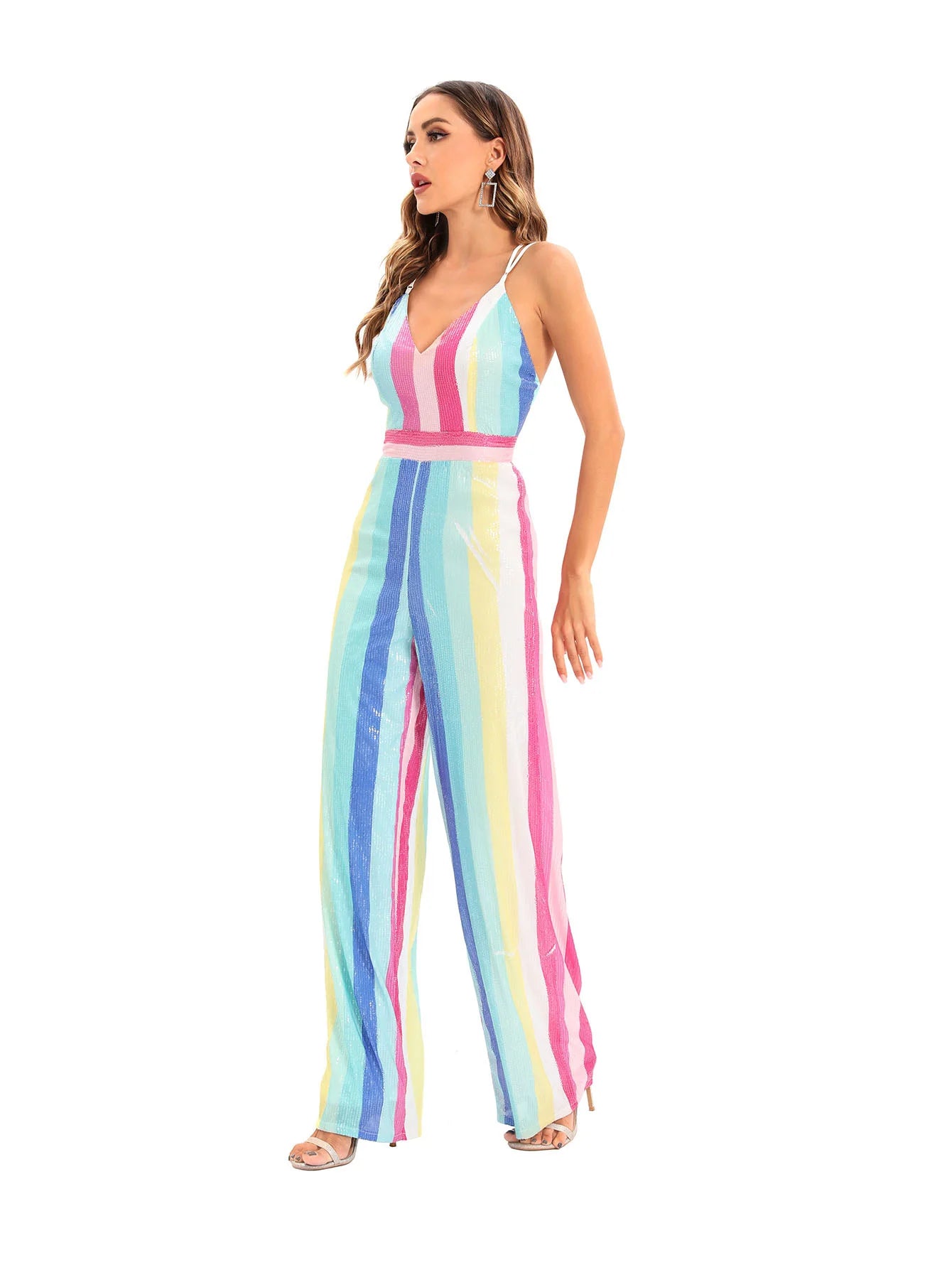 Striped Jumpsuit Sequins Deep V One Piece Casual Pants