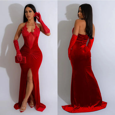 Long Dress With Hanging Neck And Slit