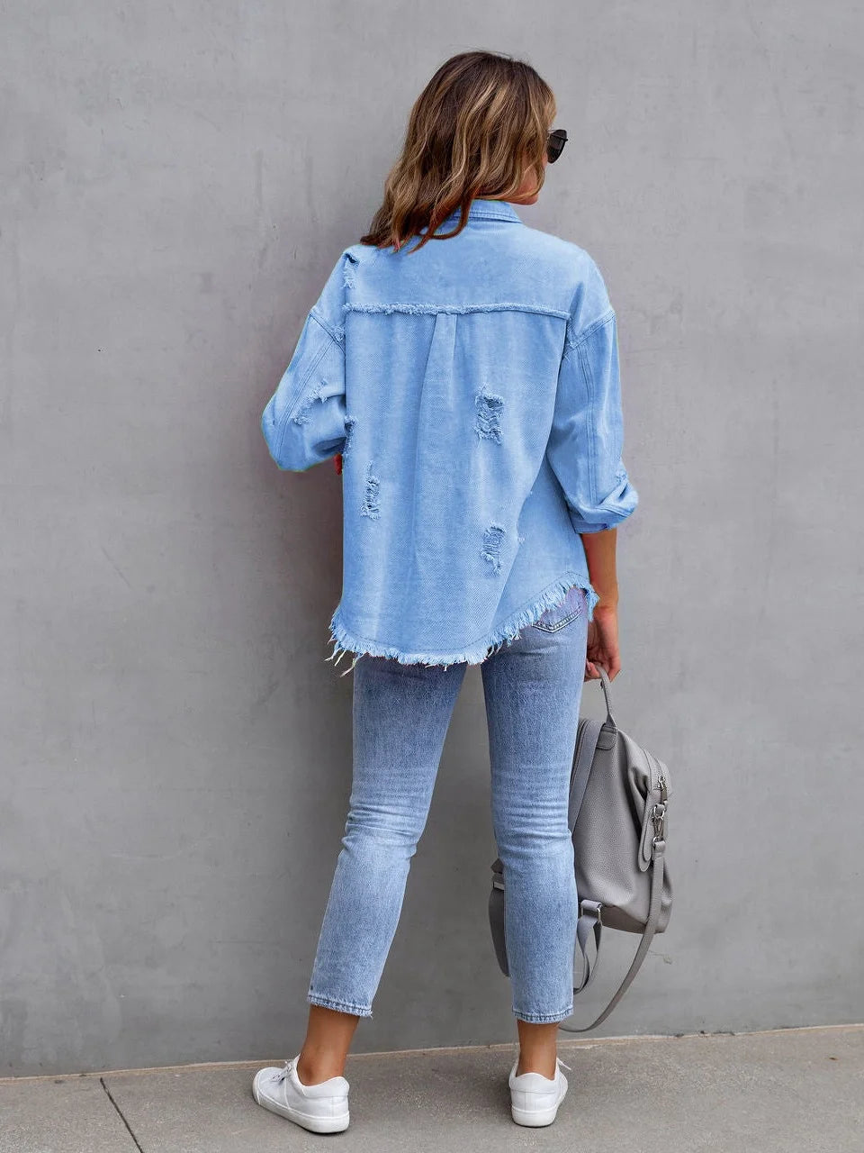 Long Sleeved Jeans Jacket With Holes In Solid Color