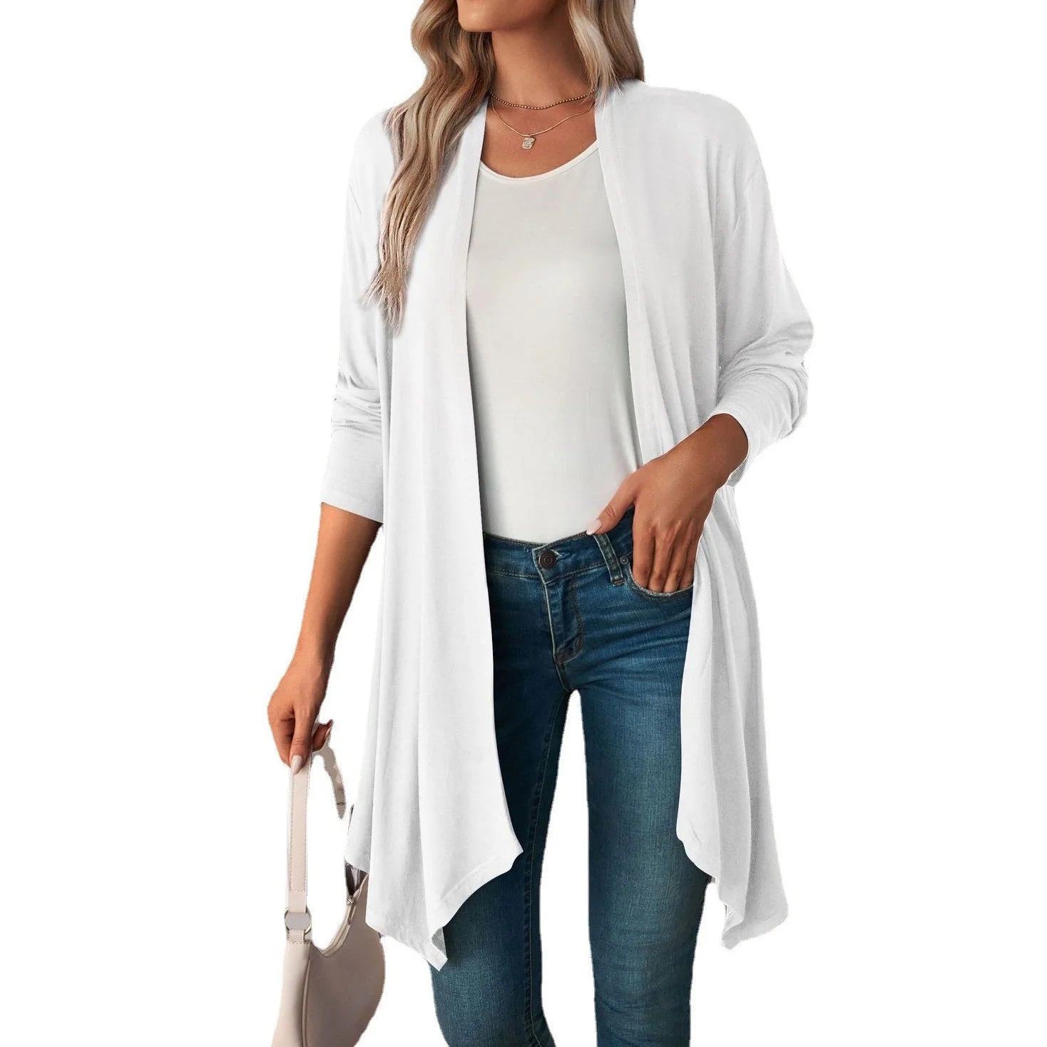 Pure Color Long Sleeved Cardigan Coat Long Blouse Woman