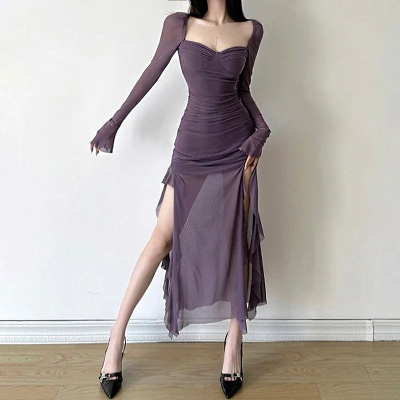 Solid Color Slim High Waist Fashion Square Neck Long Sleeve Mesh Dress
