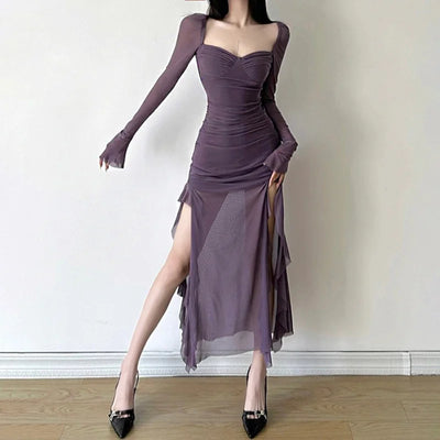 Solid Color Slim High Waist Fashion Square Neck Long Sleeve Mesh Dress