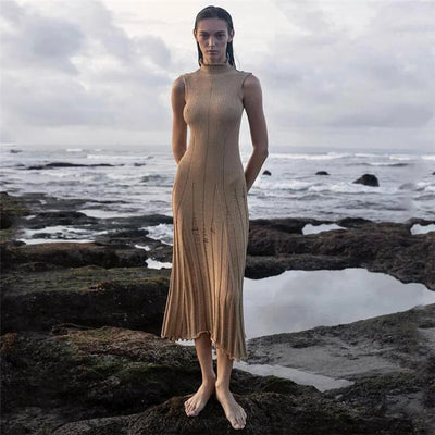 Sexy Sleeveless Knitted High Necked High Waisted Slender Long Dress