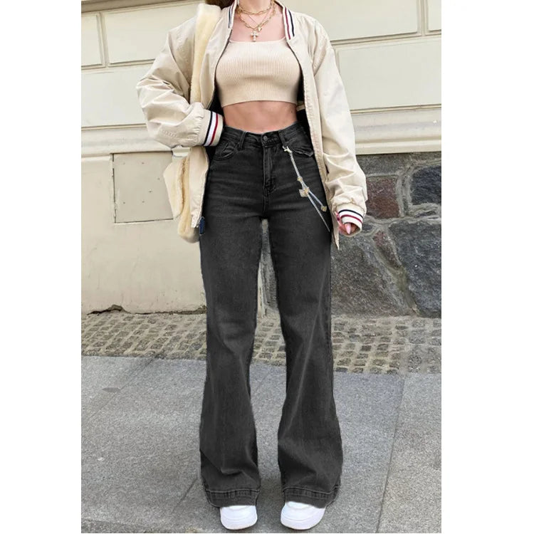 Middle Waist Blue Jeans Temperament Commuter Micro-Pull Pants Dark Female
