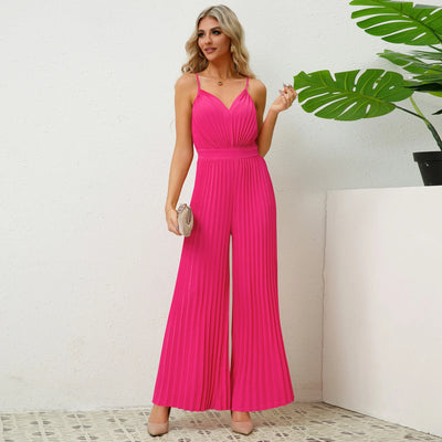 V Neck Sling Pleated One Piece Pants