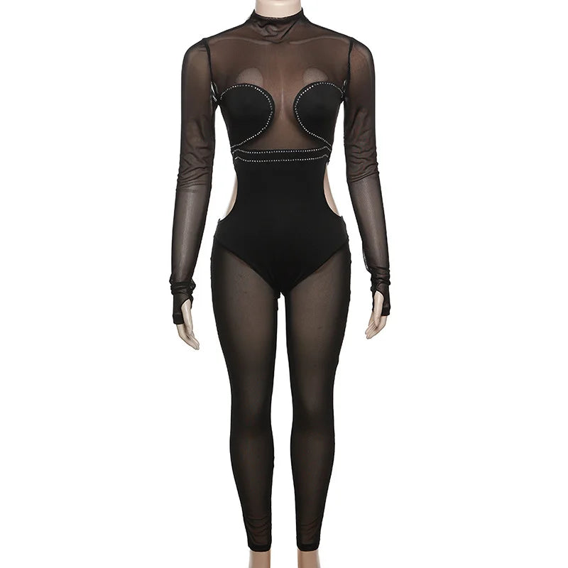 New Mesh Stitching Hot Diamond See Through Sexy Tight Hip Lift Jumpsuit