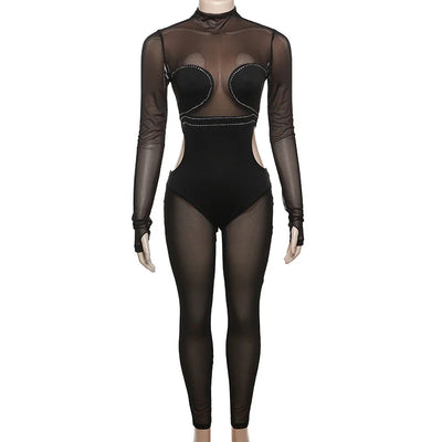 New Mesh Stitching Hot Diamond See Through Sexy Tight Hip Lift Jumpsuit