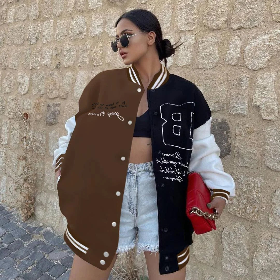 Contrast Color Baseball Jacket Cardigan Top For Women