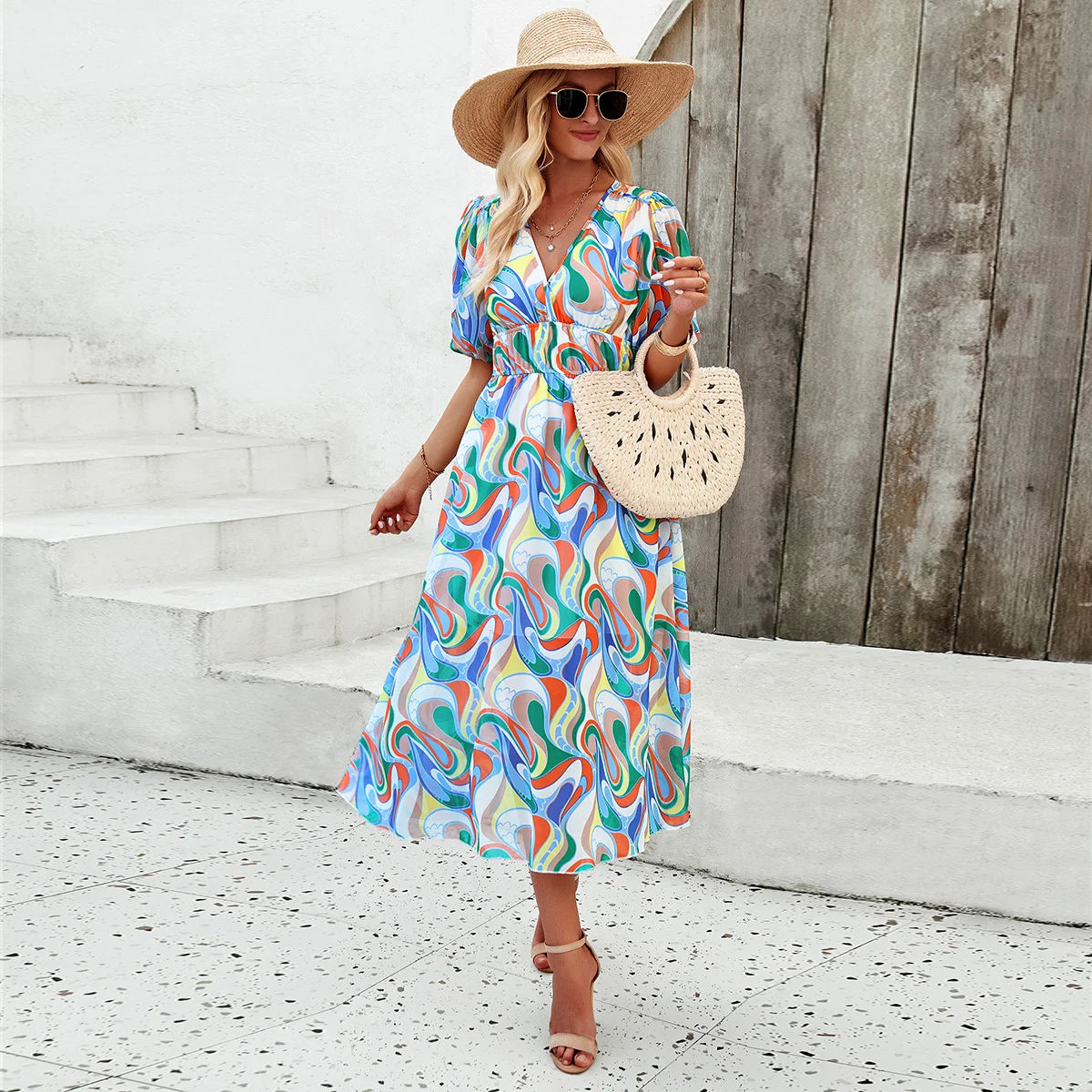 Casual Print Waist V Neck Long Skirt
