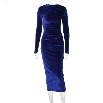 Solid Color Slim Pleated Round Neck Long Sleeve Dress