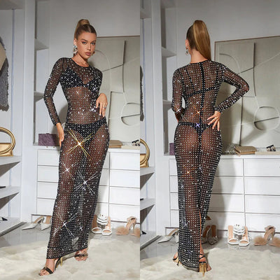 Solid Color Diamond Long Sleeve Dress