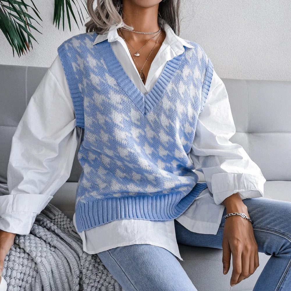 V Neck Houndstooth Casual Loose Knit Vest Sweater