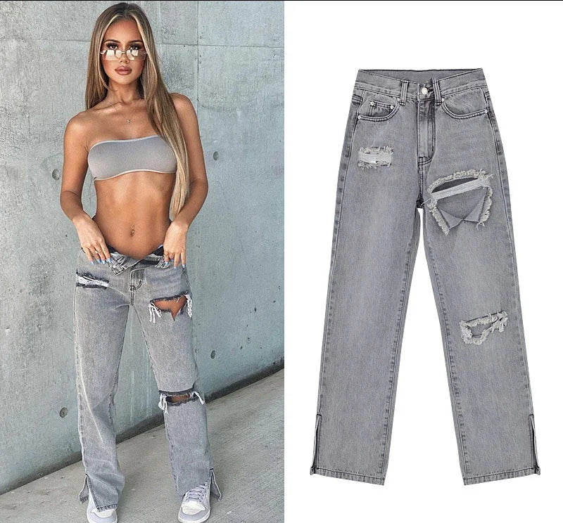 Hipster Straight Leg Jean Pants with Slit