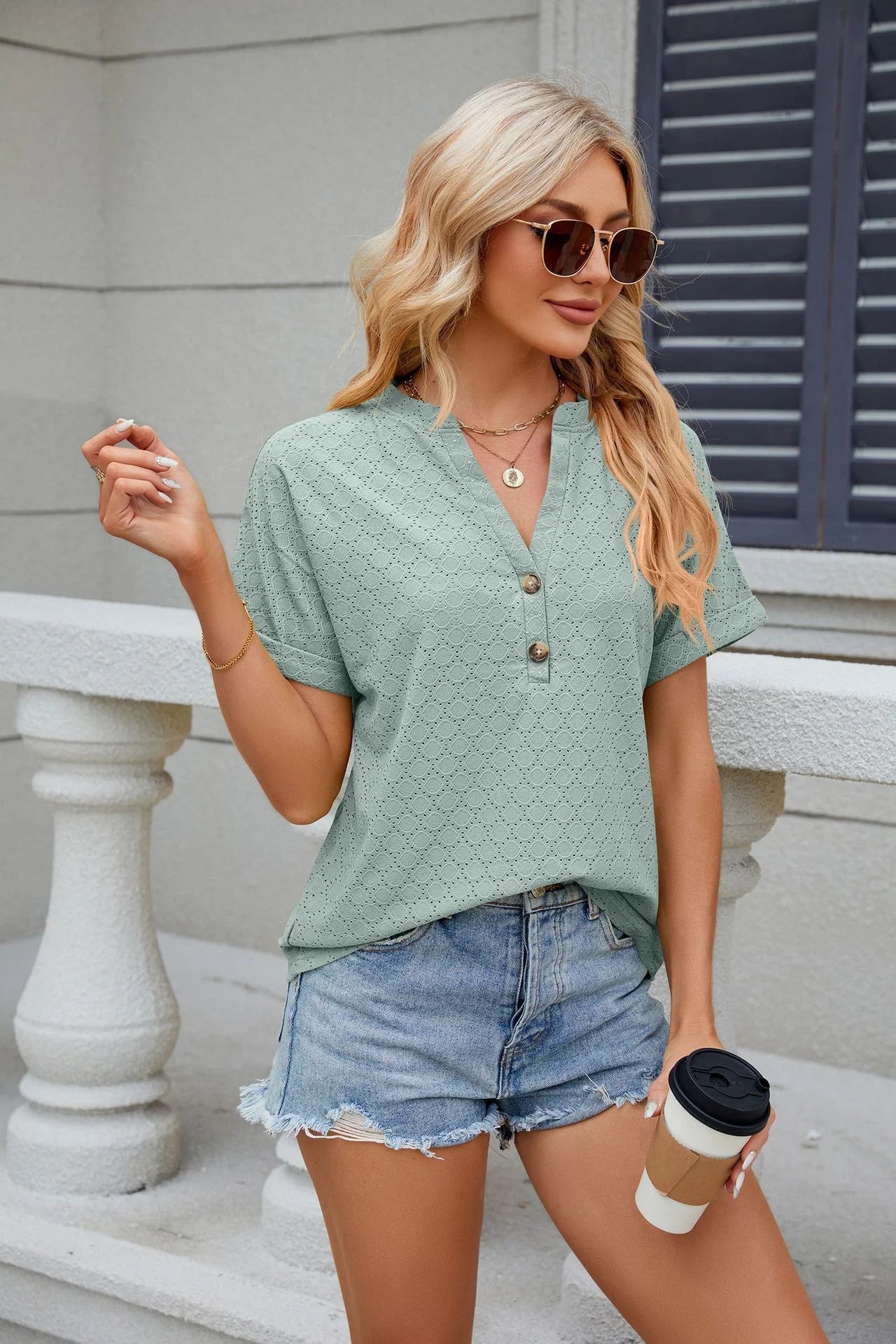 Loose Short Sleeve Button V Neck Blouse