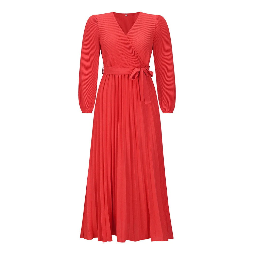 V Neck Long Sleeve Pleated Mid Length Dress