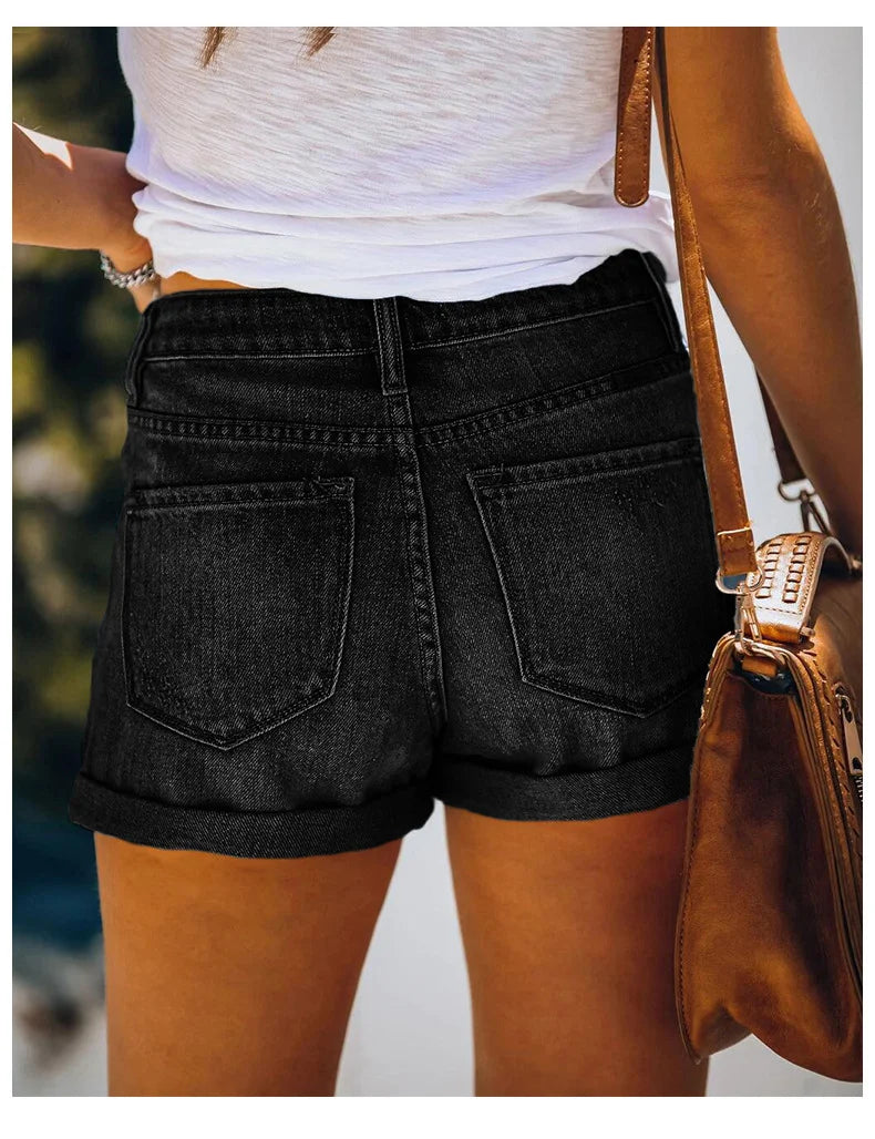 Women’s Stretch Mid Rise Denim Shorts With Ripped Holes