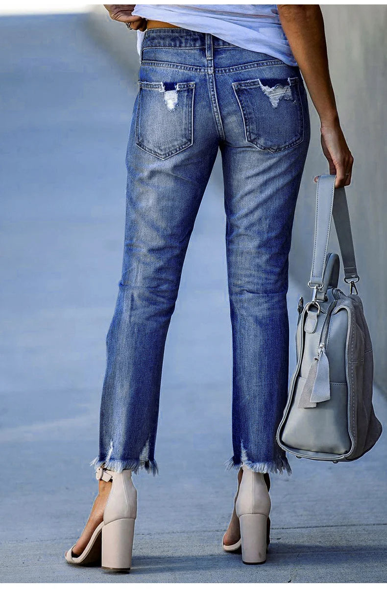 Washed Frayed Tassel Jeans Slim High Stretch Small Leg Trousers