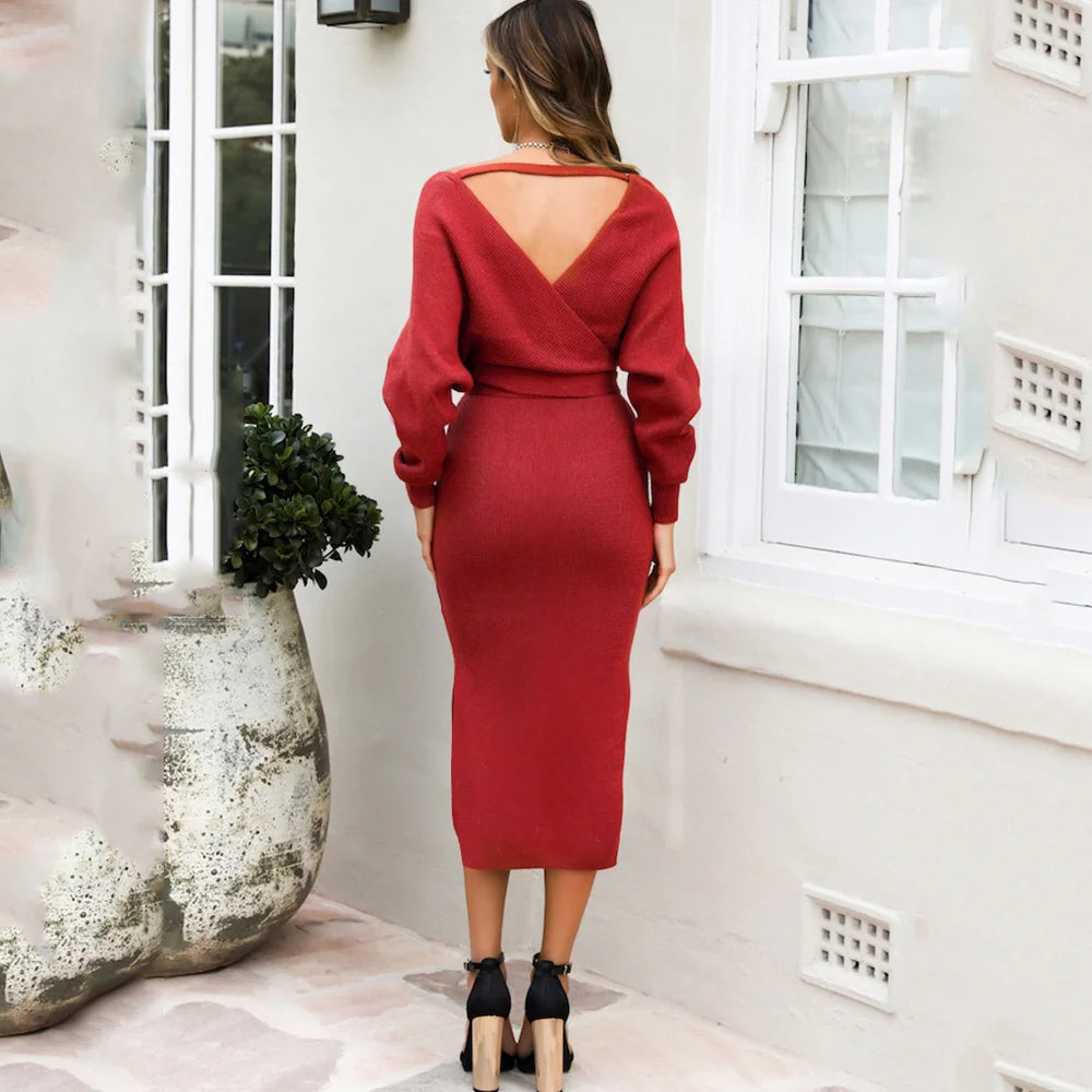 Knit Dress Slim V Neck Sweater Skirt