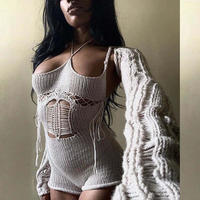 Sexy Hollowed Out Women’s Hip Low Necktie Tight Knit High Waisted One Piece Shorts