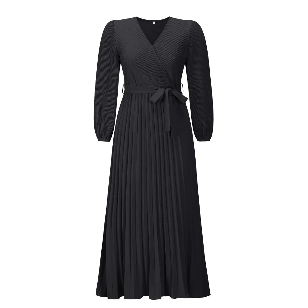 V Neck Long Sleeve Pleated Mid Length Dress