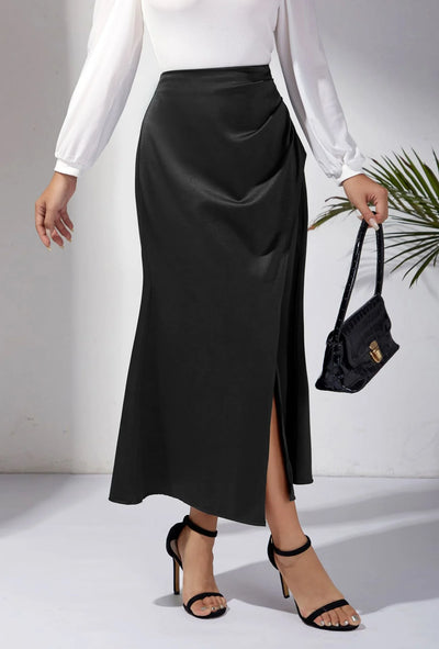 High Waisted Satin Pile Pleated Slit Long Skirt Solid Color Skirt Zipper Fishtail Hip Skirt