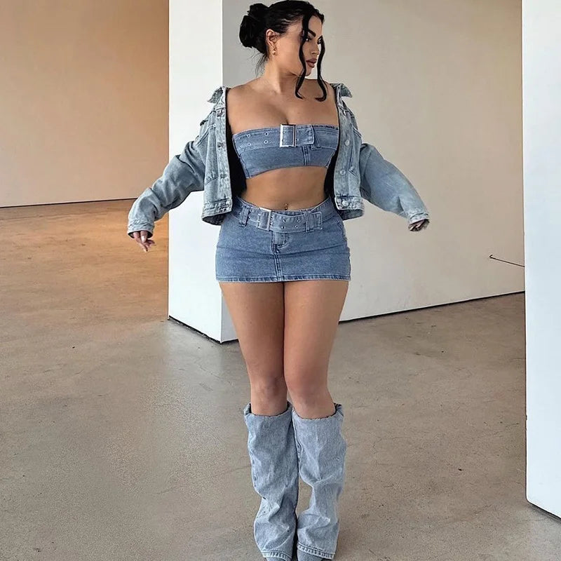 Fashionable Sexy Denim Bandeau Slim Skirt