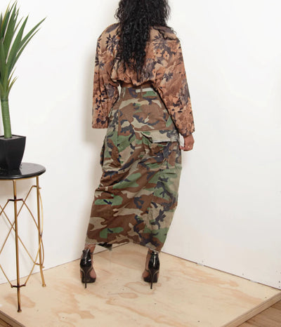 Split Tassel Skirt With Pockets In Camouflage Wash