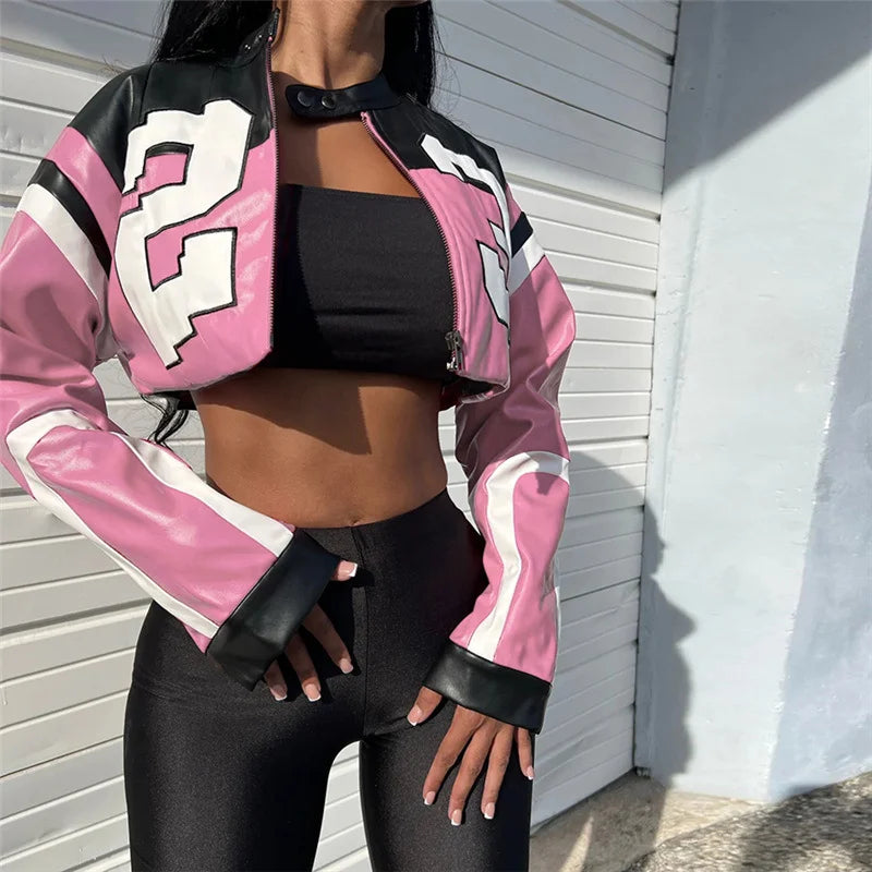 Women’s New Fashion Locomotive Color Embroidery Stitching Slim Leather Jacket