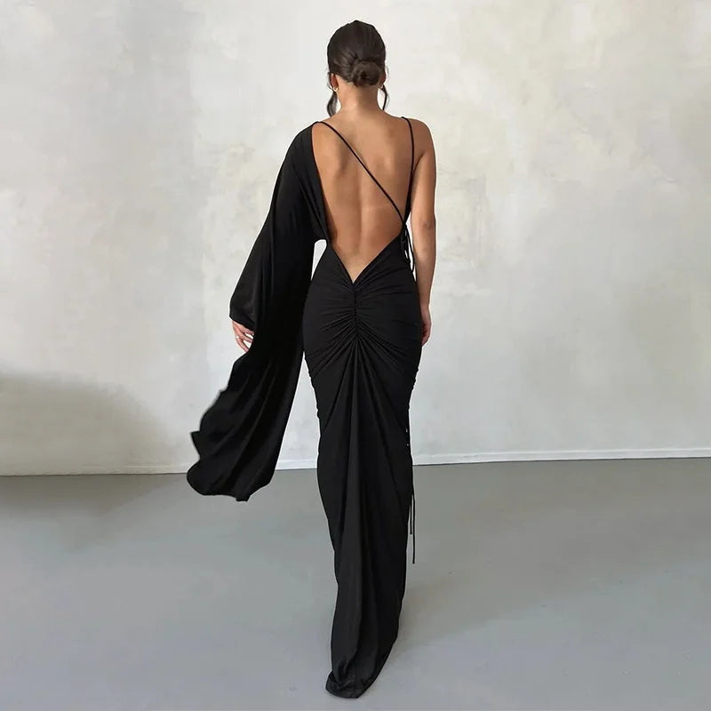 Fashion Single Shoulder Sleeve Sexy Low Cut Open Back Evening Dress Women
