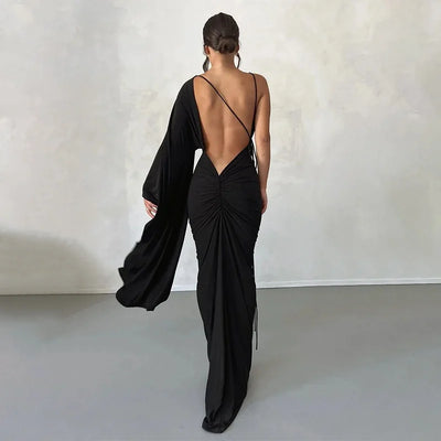 Fashion Single Shoulder Sleeve Sexy Low Cut Open Back Evening Dress Women