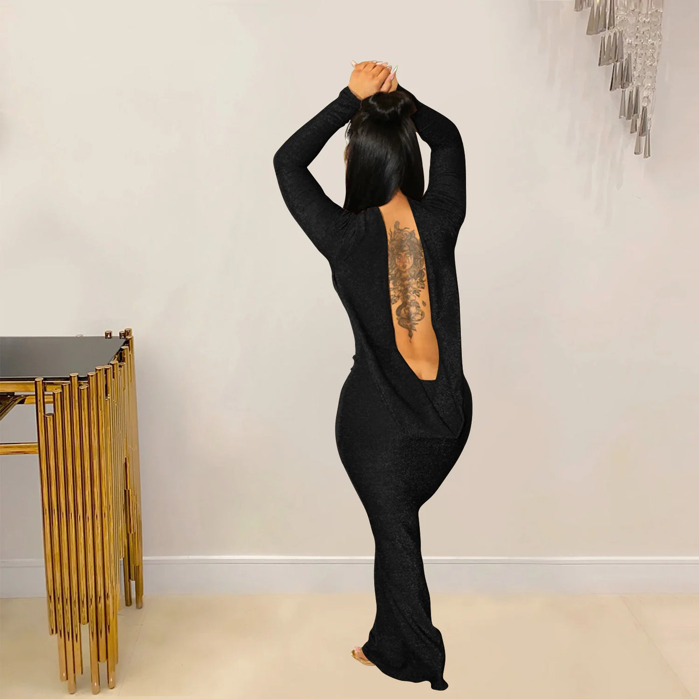 Sexy Long Sleeved Backless Long Dress