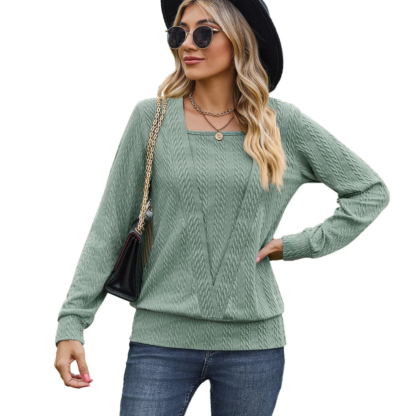Solid Color Square Collar Cross Loose Long Sleeved Sweater Woman