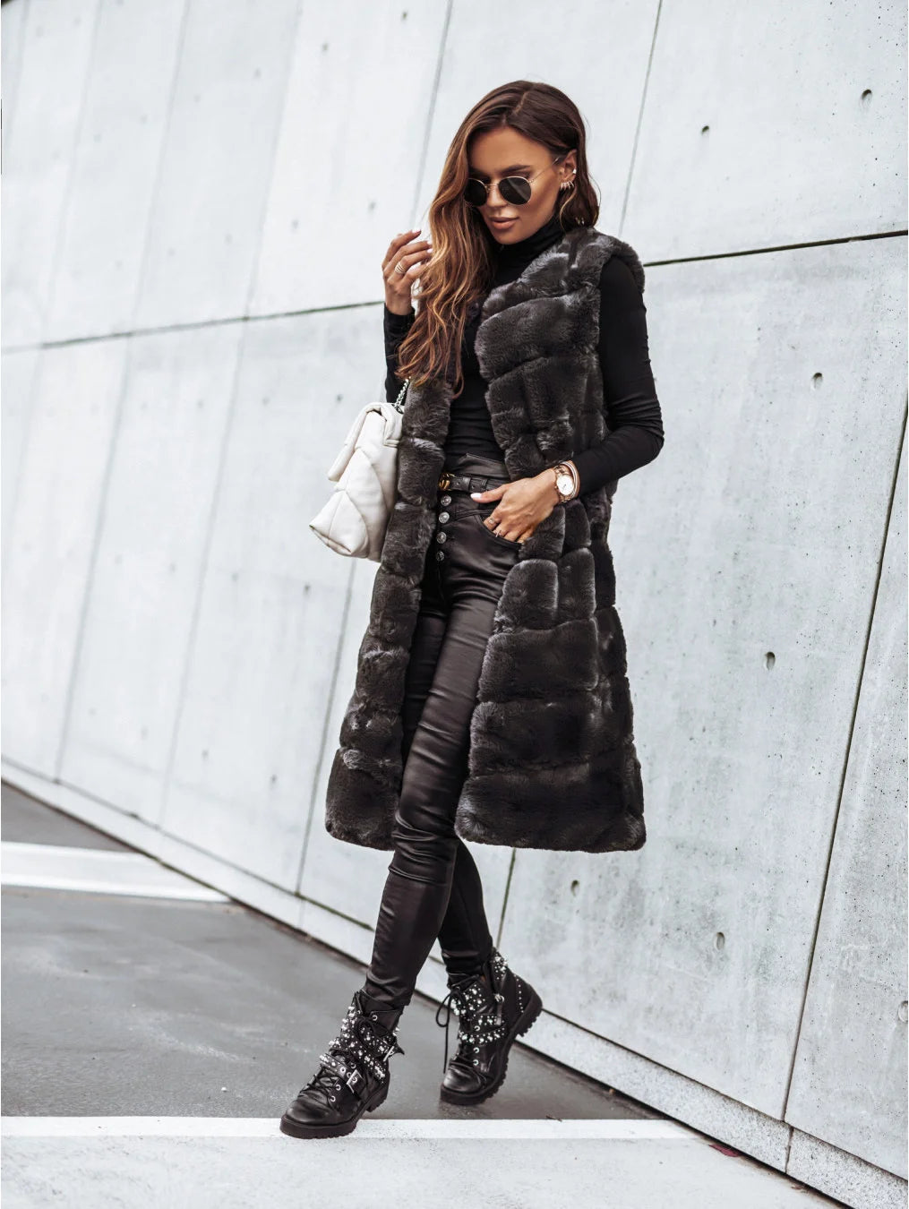 Women’s Winter Round Neck Fur Vest Long Vest Jacket