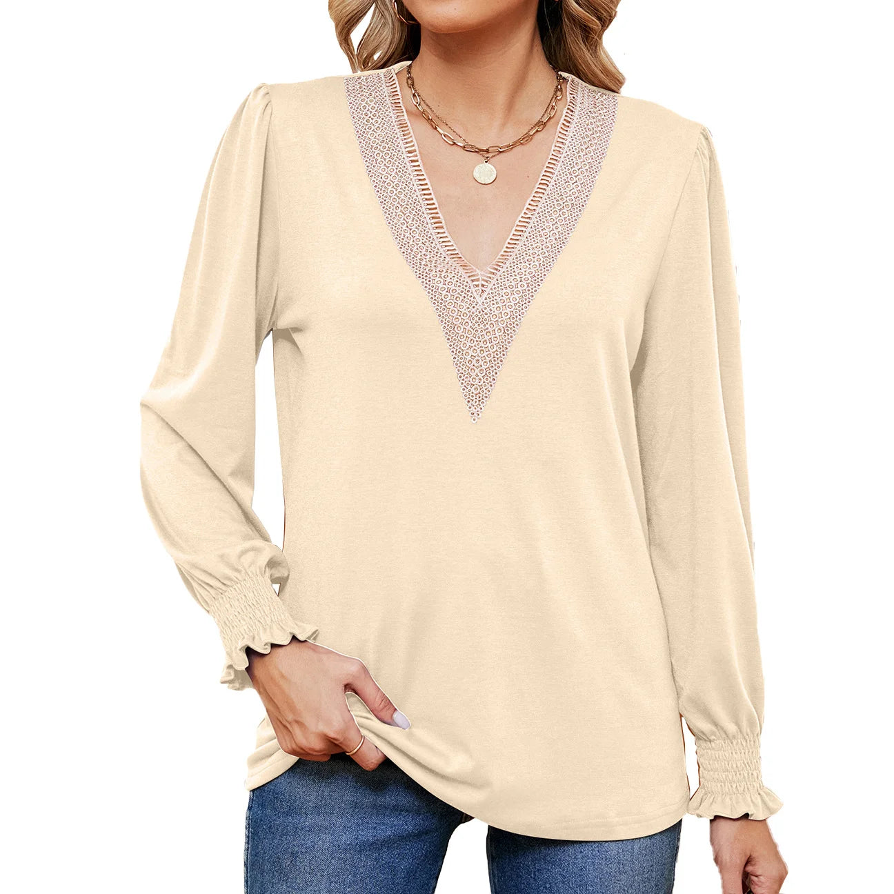 Lace Stitching Long Sleeve Loose Blouse