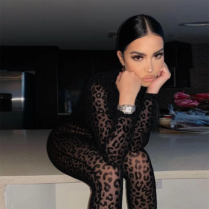 Jumpsuit Slim Long Sleeve Sexy Flocking Sheer Slim