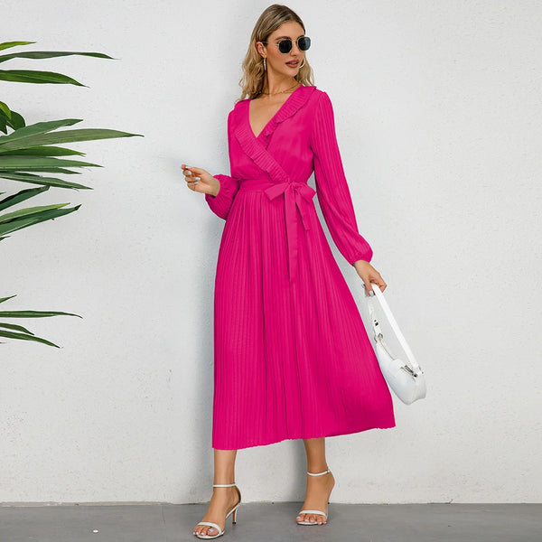 V Necked Long Sleeved Pleated Dress