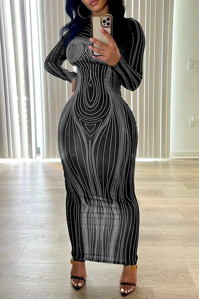 New Hip Skirt Long Sleeve Round Neck Fashion Print Slim Hip Bottom Dress