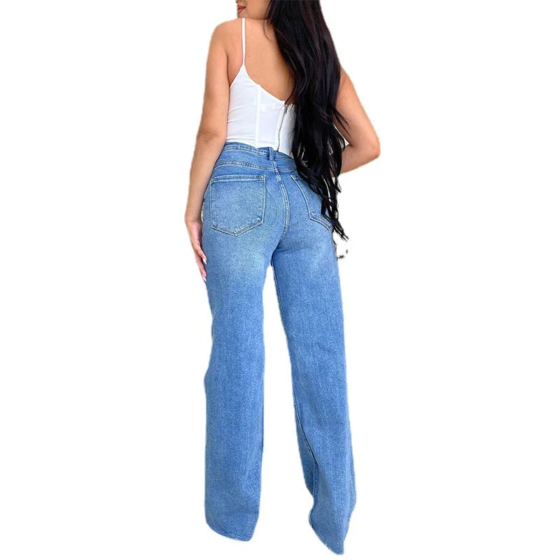Ladies Jeans Long High Waist Holes