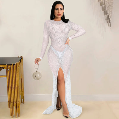 Mesh Perspective Long Sleeved Slit Long Dress