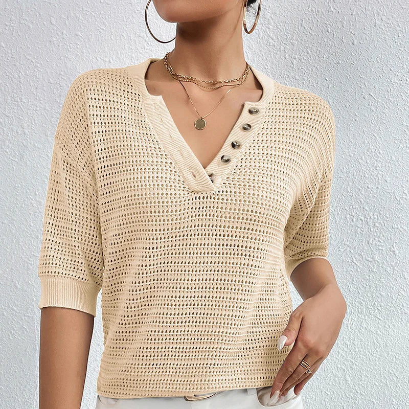 Short Sleeve V Neck Knitted Sweater