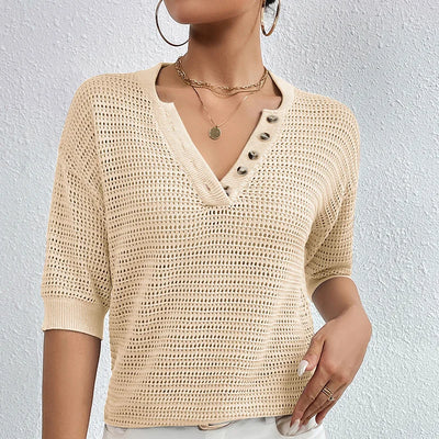 Short Sleeve V Neck Knitted Sweater