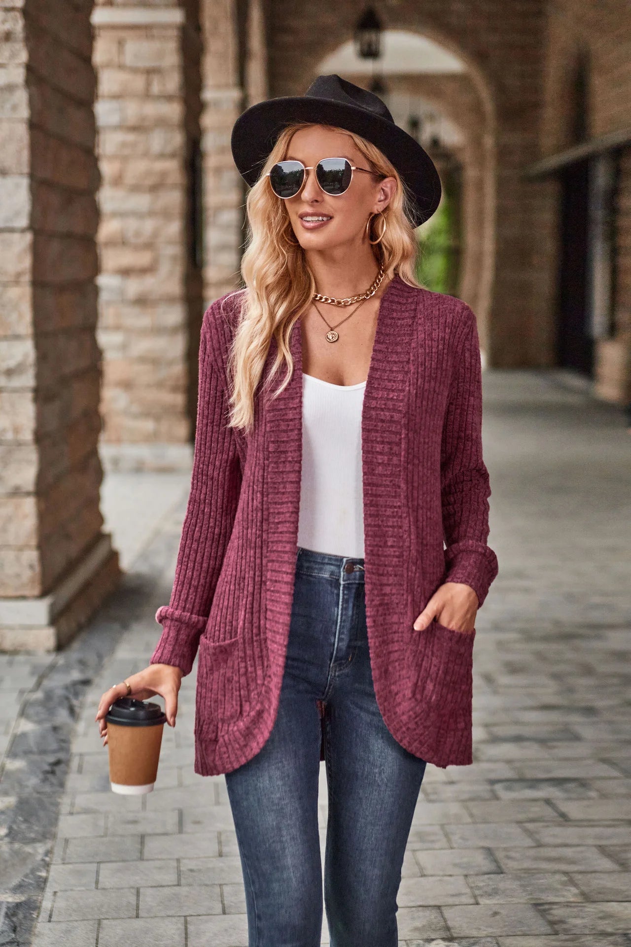 Burst Pure Color Pit Strip Sanding Casual Stitching Long Sleeved Cardigan Coat