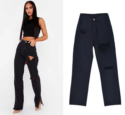 Hipster Straight Leg Jean Pants with Slit