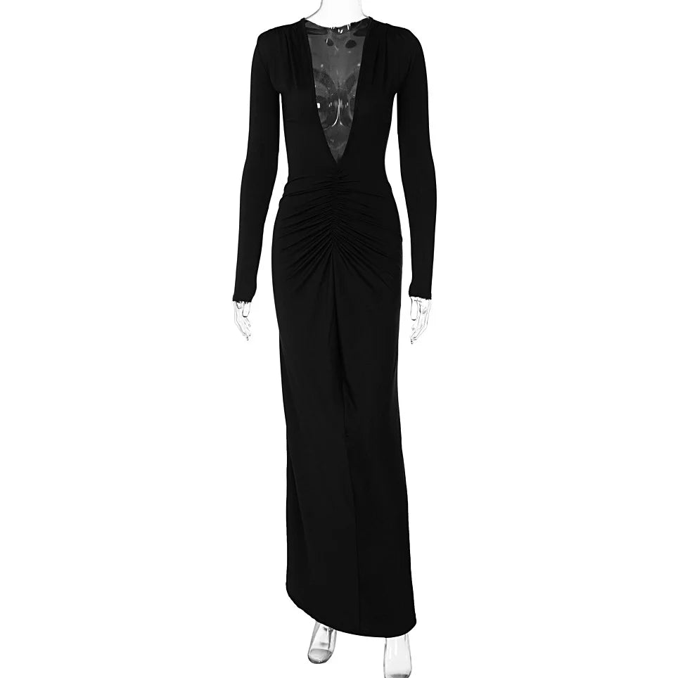 Summer New Fashion Sexy V-Neck Slim Pleated Solid Color Long Sleeve Dress