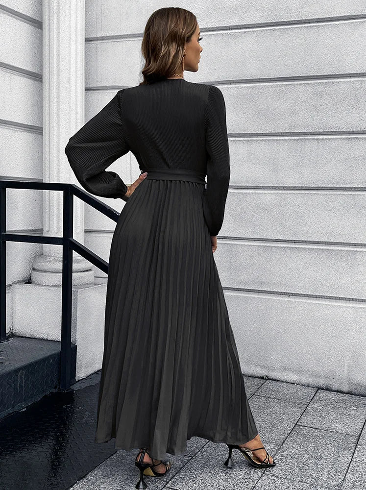 V Neck Long Sleeve Pleated Mid Length Dress