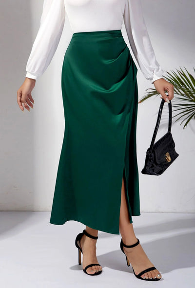 High Waisted Satin Pile Pleated Slit Long Skirt Solid Color Skirt Zipper Fishtail Hip Skirt
