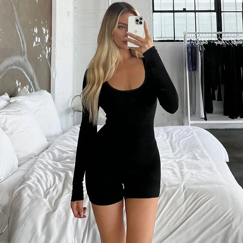 Fashion Solid Color Slim Fit Sports Long Sleeve Jumpsuit