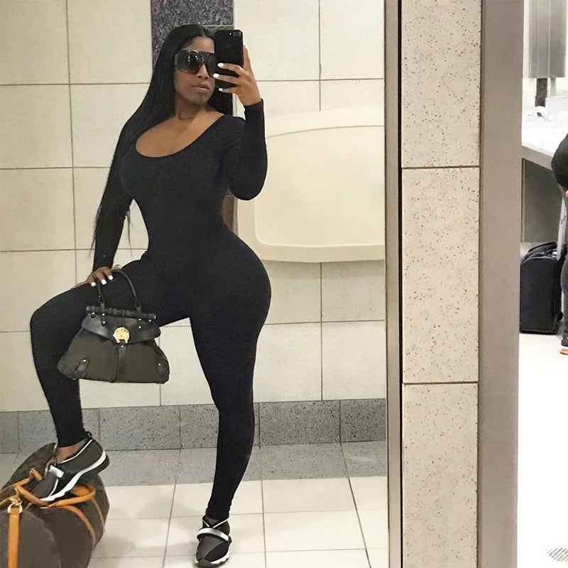 Round Neck Long Sleeve Tight Jumpsuit